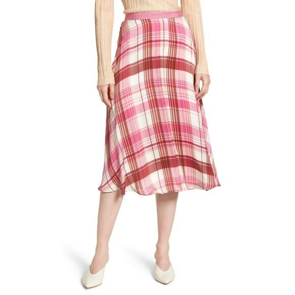 Lewit Skirt Pink Plaid 100%Silk Midi Satin Slip A Line Skirt Sz 14 New $269 - Picture 1 of 6